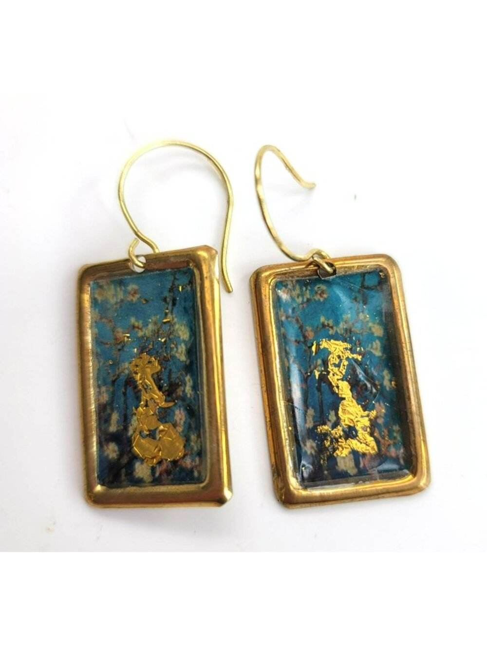 Gold Leaf Fine Art Fashion Earrings Apple Cherry Blossom Dangle Dh755